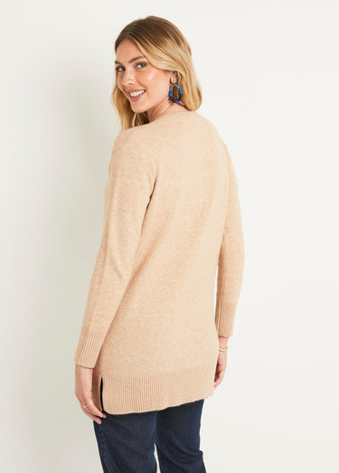 Pull tunique chiné long col V avec laine Sable