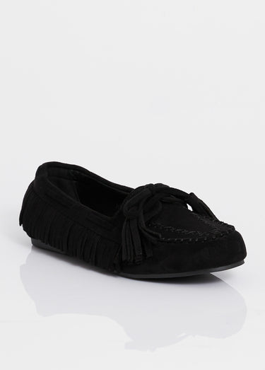 Mocassins avec franges et nœud pompons Noir