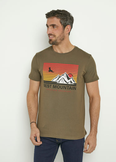 T-shirt manches courtes motif montagne Kaki