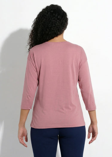 T-shirt coton uni col rond manches 3/4 Rose