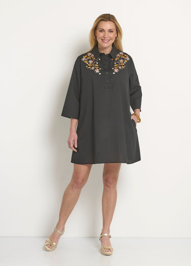 Robe housse manches 3/4 broderies colorées Noir