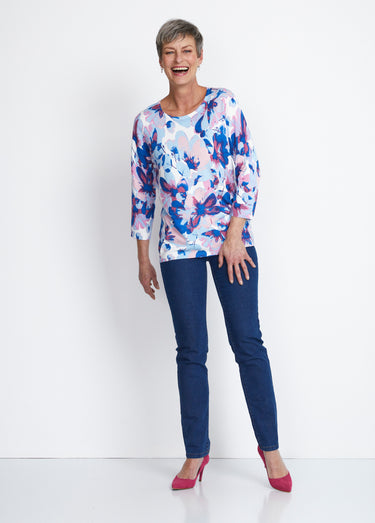 Pull manches 3/4 imprimé floral Bleu/Rose