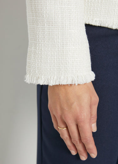 Veste sans col boutonnée courte tissu natté uni Ecru