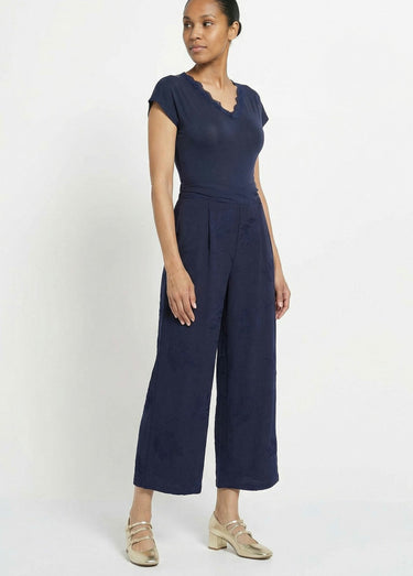 Pantalon large élastiqué brodé feuillage Marine