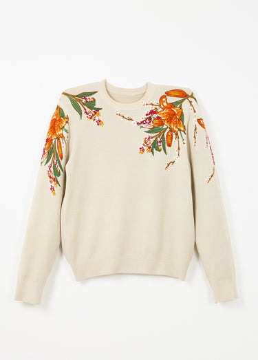 Pull chaud col rond imprimé floral manches longues Beige