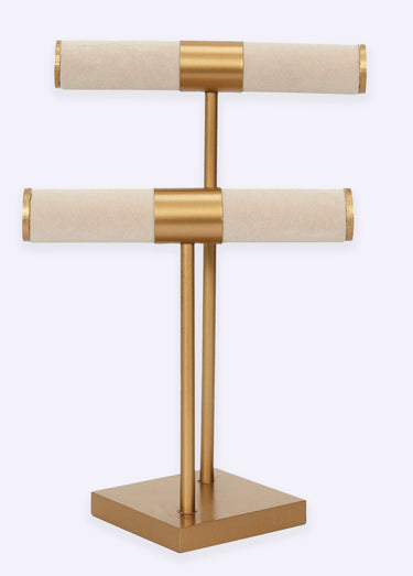 Porte bijou 2 niveaux sur socle métal Beige Dore