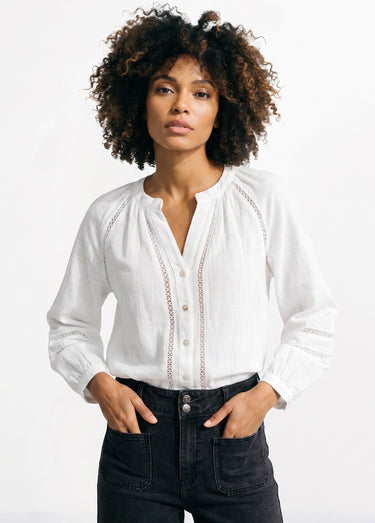 Tunique col V boutonnée, détails macramé Blanc