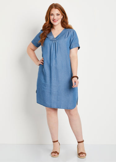 Robe courte droite tissu lyocell Bleu