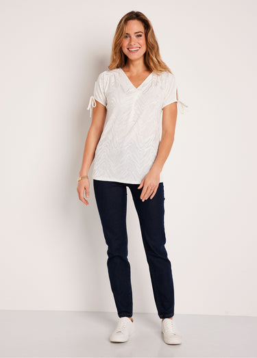 T-shirt long ample col V Ecru