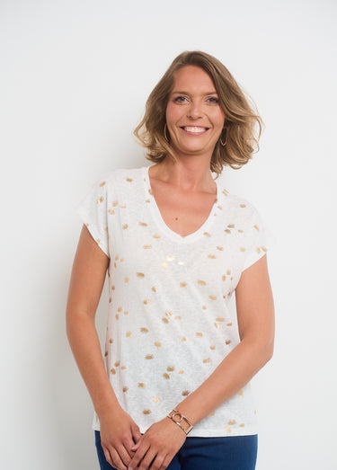 T-shirt manches courtes motif métallisé Ecru