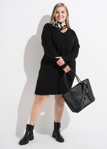 Robe pull longue col V avec laine Noir