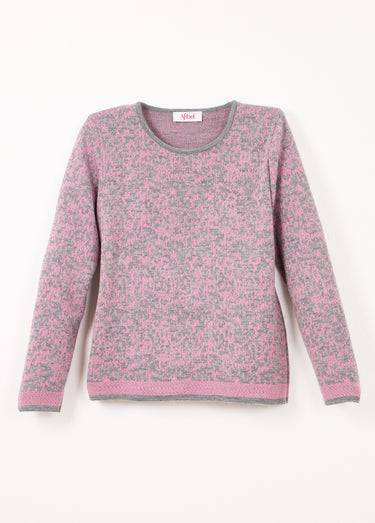 Pull jacquard col rond manches longues Rose/Gris