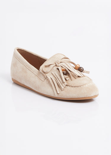 Mocassins plats, avec franges et perles Taupe