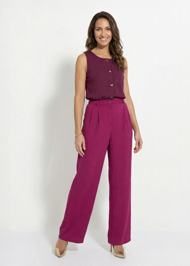 Pantalon large à pinces taille élastiquée Prune
