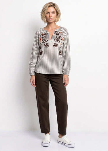 Blouse rayée col V, broderies fleurs Beige/Marron