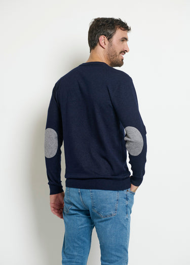 Pull col V maille empiècements coudes Marine Vintage