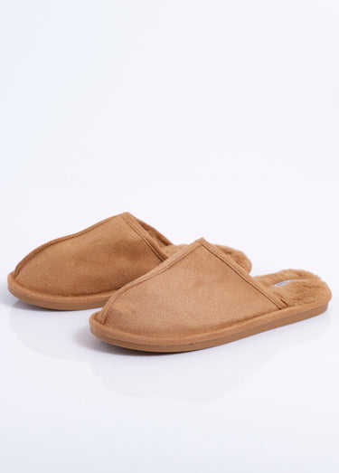 Chaussons mules suédine chauds fourrés Cognac