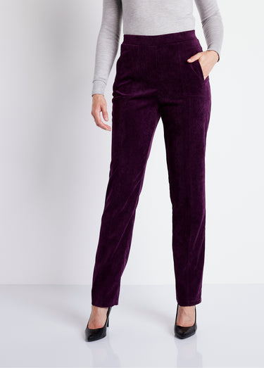Pantalon droit taille élastiquée velours milleraies Prune