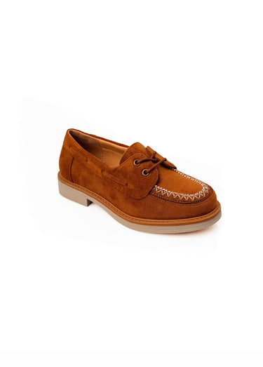 Derbies aspect suédine, détails brodés Camel