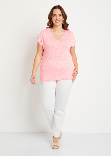 T-shirt col V fluo en maille flammée Rose