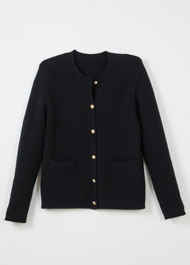Gilet veste boutonné court maille effet tweed Noir