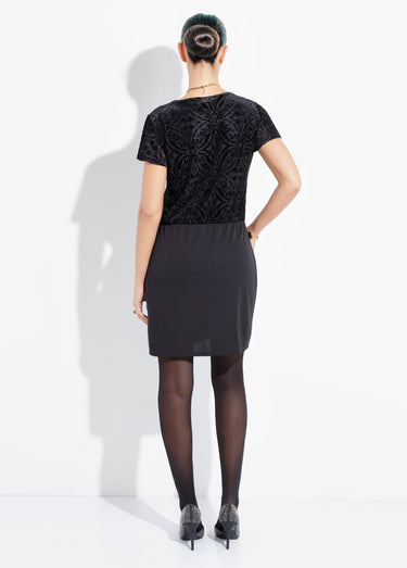 Robe droite chic velours devoré et maille Noir