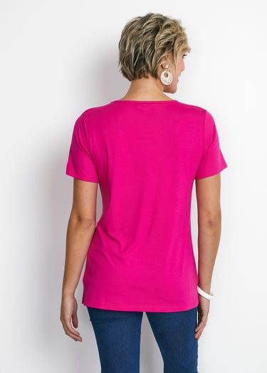Tee-shirt long col V bijou Fuchsia