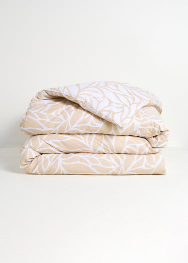Parure housse de couette coton, feuilles Beige