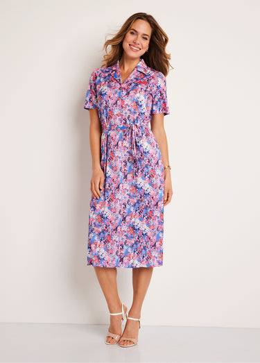 Robe droite ceinturée mi longue imprimée Bleu/Rose