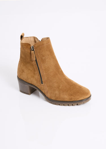 Boots zippées à talon en cuir suédé Camel