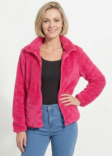 Veste fausse fourrure col montant manches longues Fuchsia