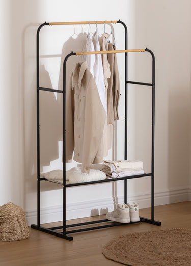 Portant vêtements double métal et bambou Noir / Bois