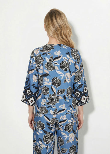 Tunique satinée, motif fleurs d'Orient Bleu Imprime