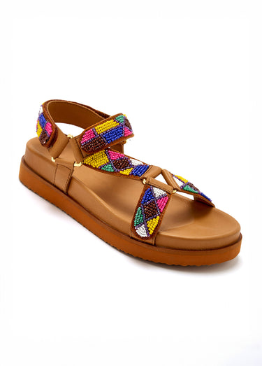 Sandales semelle ergonomique brides avec perles Marron