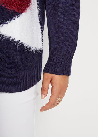 Pull maille poilue manches longues Marine/Rouge