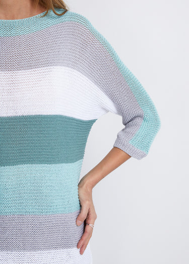 Pull rayé manches 3/4 point mousse Aqua/Gris