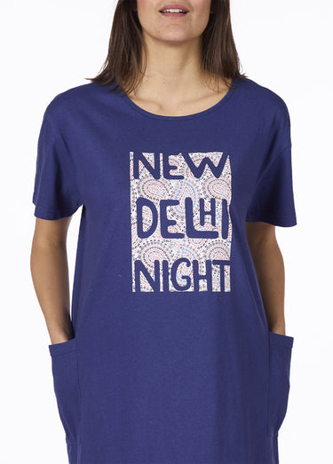 Chemise de nuit maxi T-shirt motif placé Marine