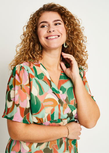 Robe droite courte voile imprimé cérémonie Vert/Orange