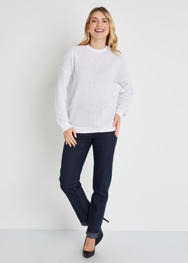 Pull doux brillant mélange coton col rond Blanc