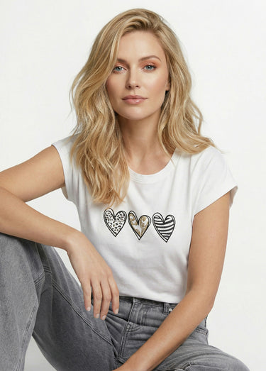 T-shirt coton avec 3 coeurs fantaisie Blanc