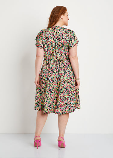 Robe courte volantée satin fleuri Vert/Rose