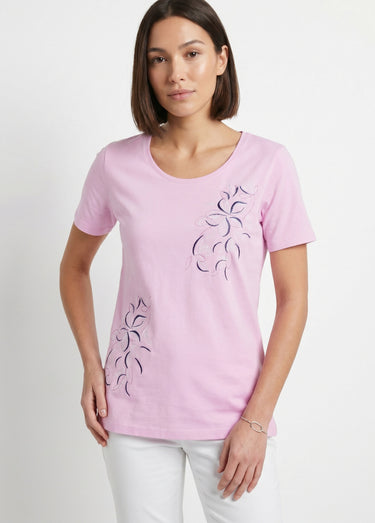 T-shirt long broderie placée fleurs Rose