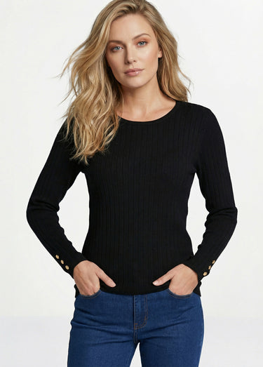 Pull doux côtelé court col rond côtes plates Noir