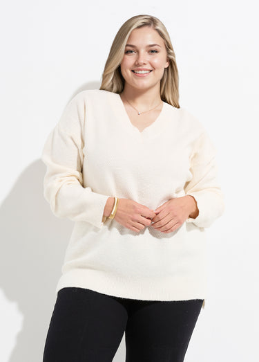 Pull tunique maille fantaisie, col V Ecru