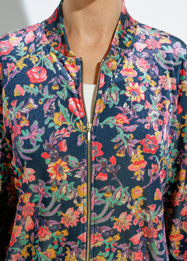 Blouson bombers zippé velours ras fleuri Marine/Rose