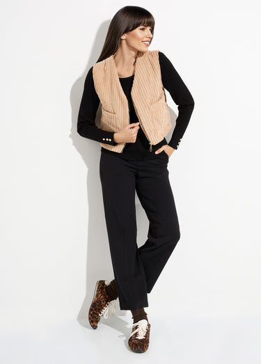 Veste zippée col V sans manches velours Camel