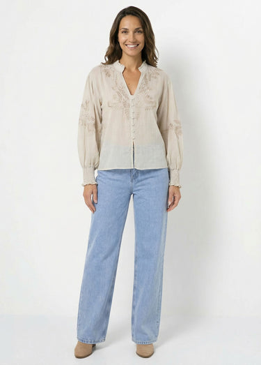 Chemisier brodé, col et poignets plissés Beige Dore