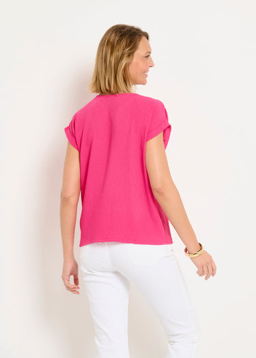 Tunique col V manches kimono aspect gaufré Fuchsia