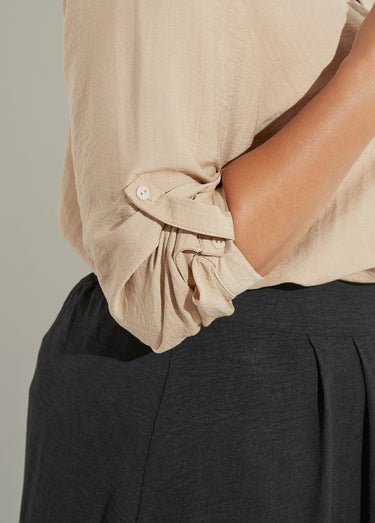 Blouse col V unie à manches longues Beige