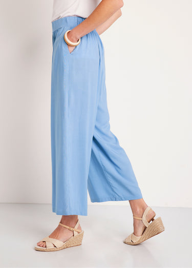 Pantalon large taille élastiquée fleuri ou uni Bleu